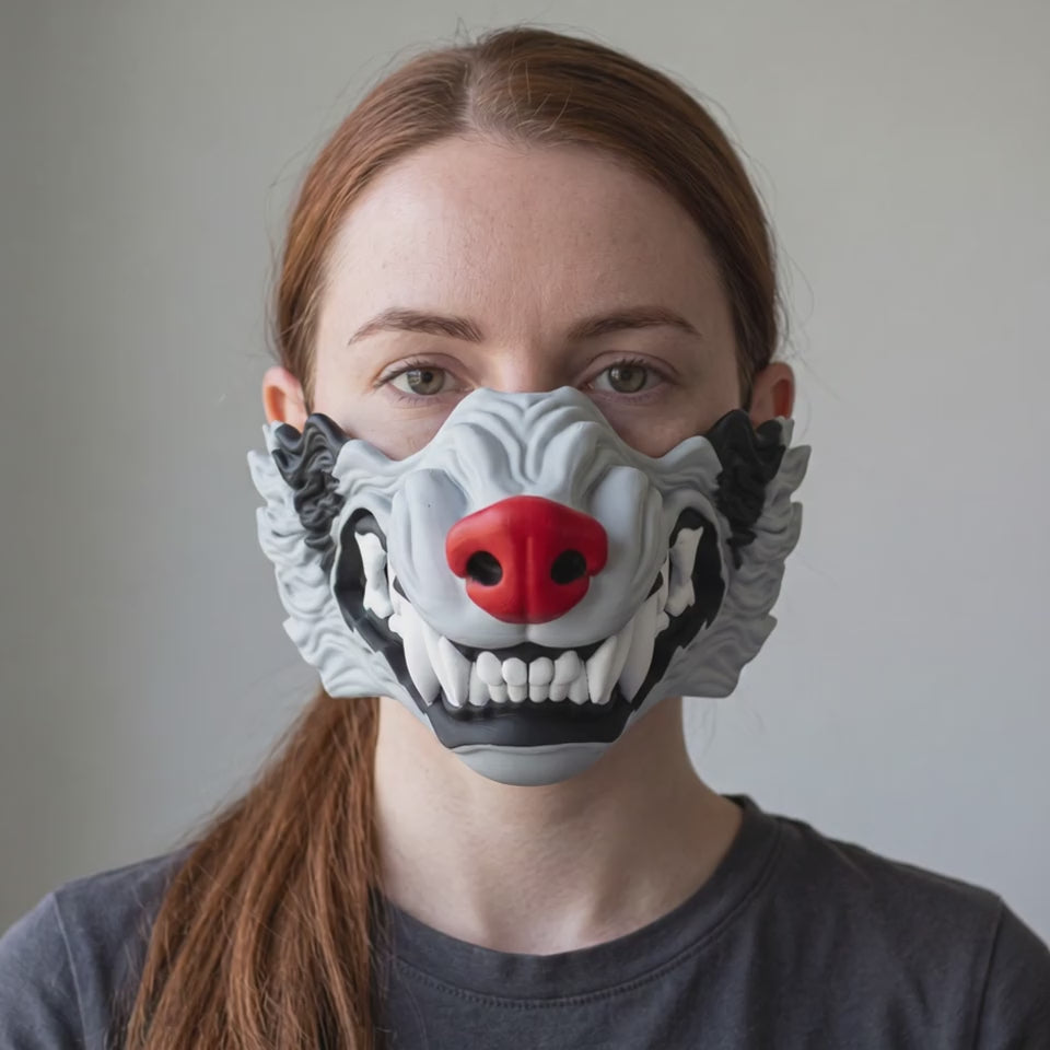Wolf Snarling Animal Face Mask - Grey/Black worn on a model