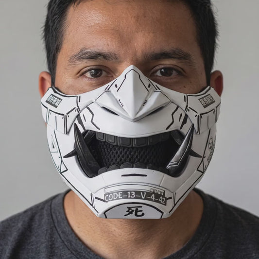 Cyberpunk Oni Mask - Matte White/Black Stripes worn on a model