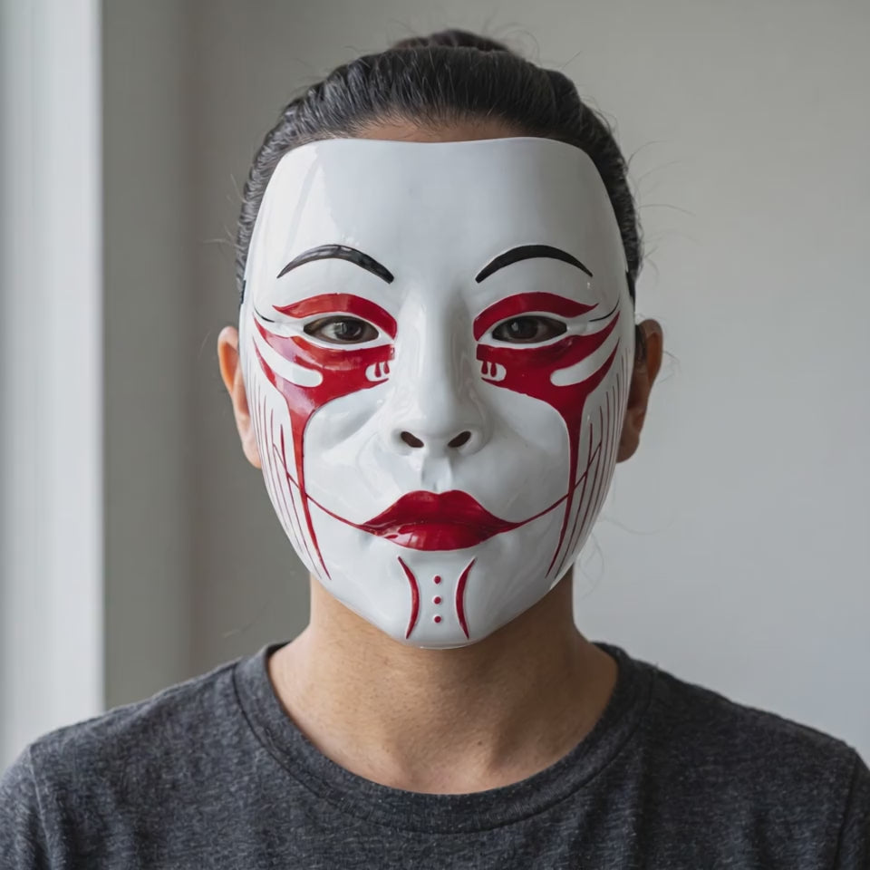 Geisha Japanese Mask - White/Red Pattern worn on a model