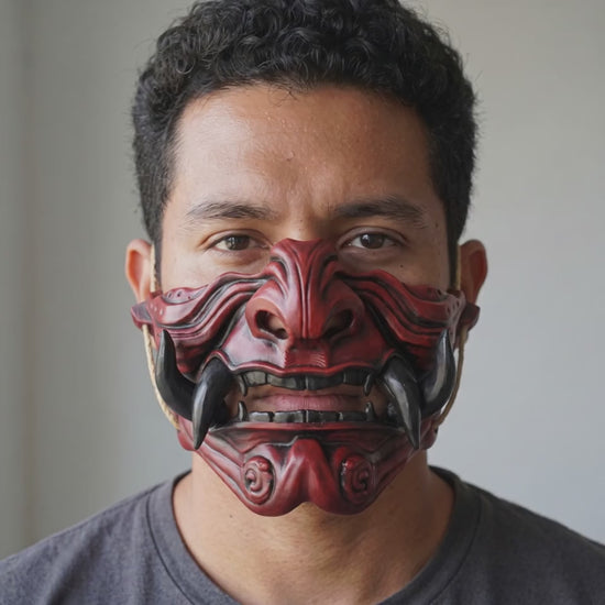 Samurai Oni Mask - Red/Black worn on a model