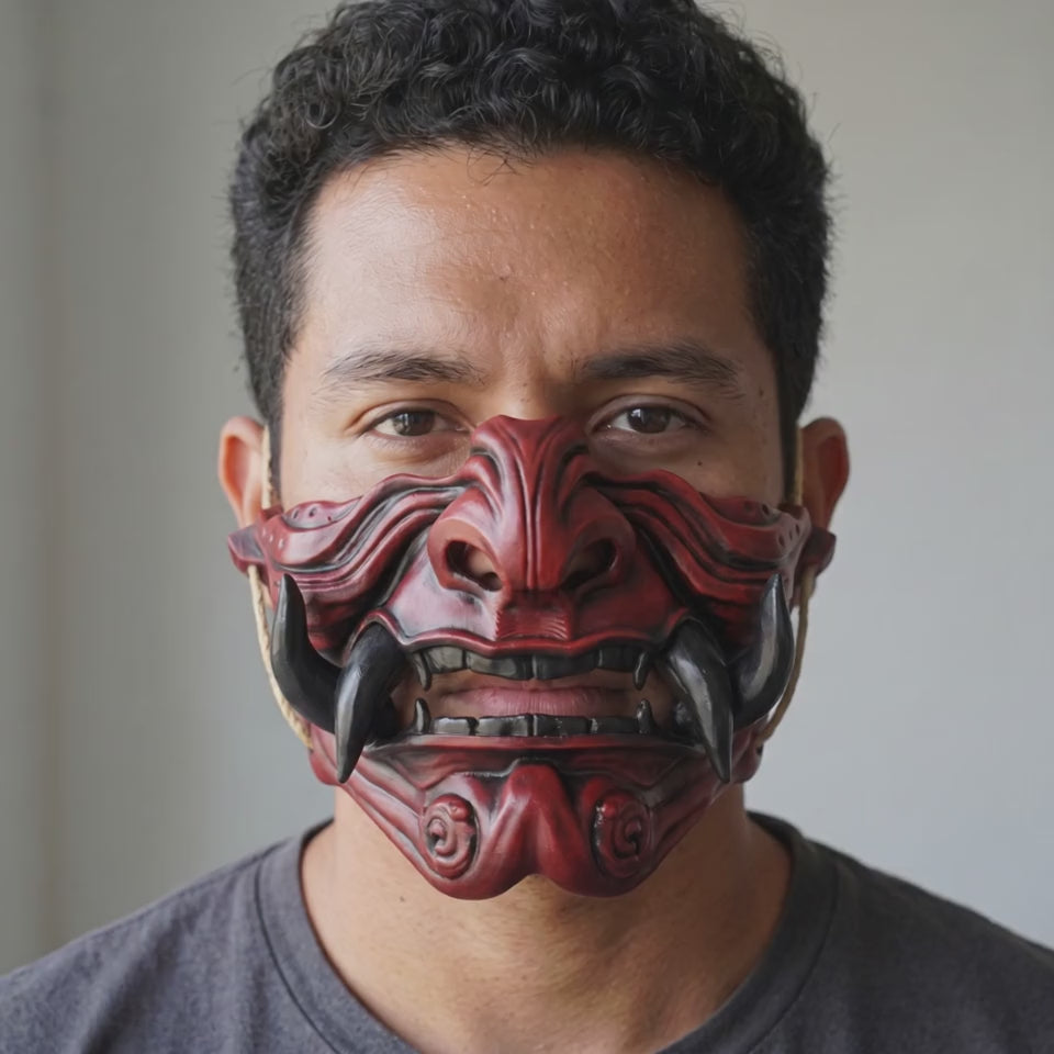 Samurai Oni Mask - Red/Black worn on a model