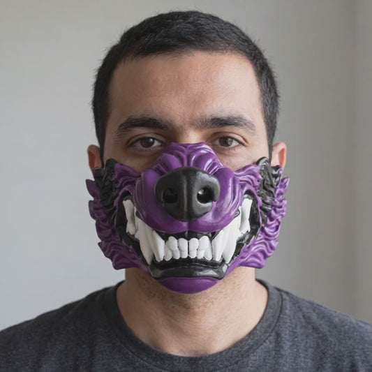 Wolf Snarling Animal Face Mask - Purple/Black worn on a model