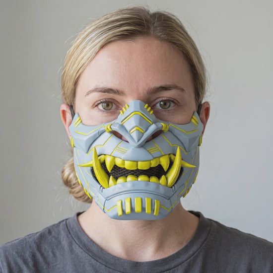 Cyber Oni Mask - Ice Blue / Yellow worn on a model