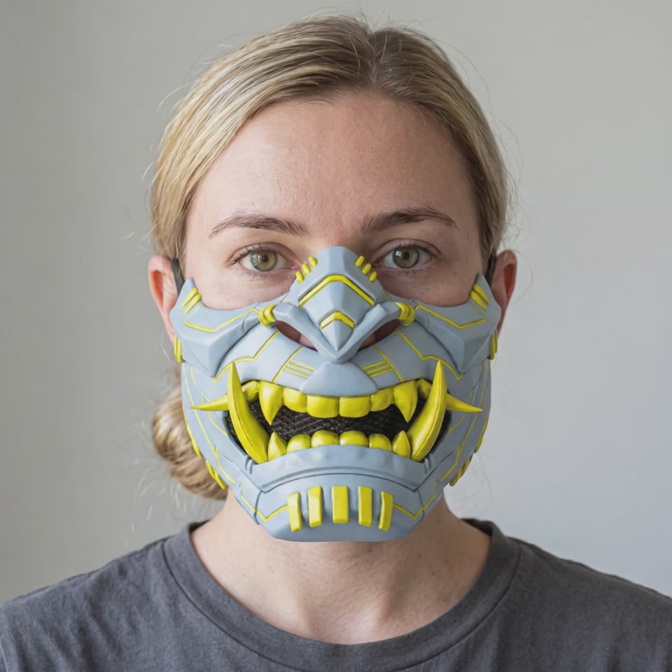 Cyber Oni Mask - Ice Blue / Yellow worn on a model