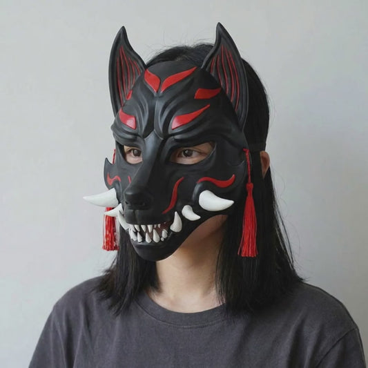 Kitsune Fox Mask With Fangs - Matte Black worn on a model