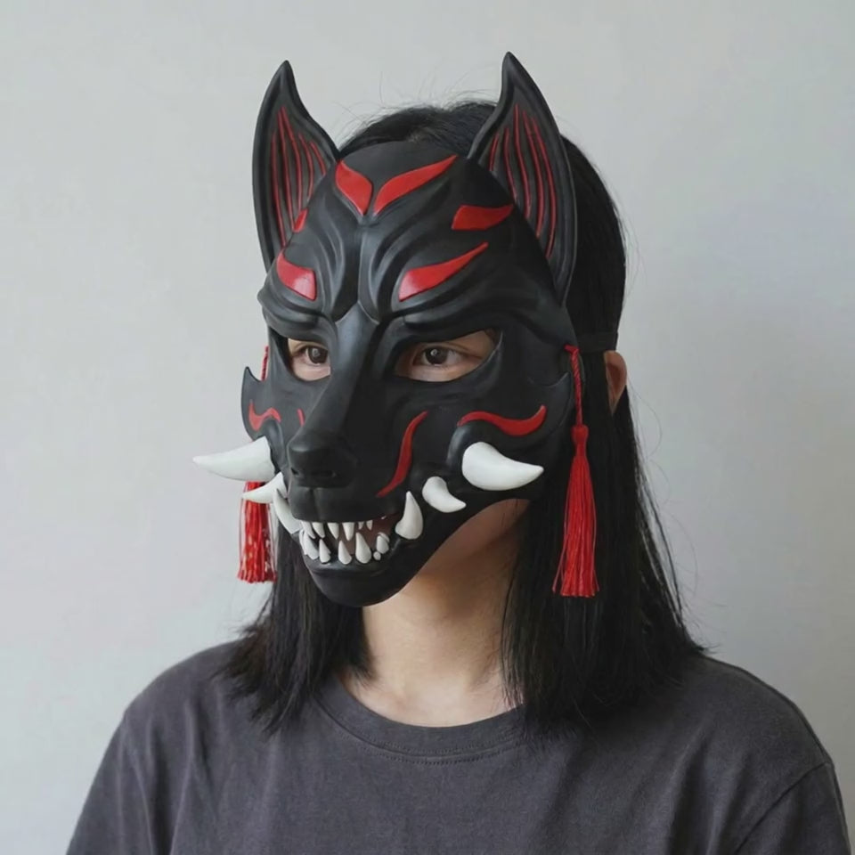 Kitsune Fox Mask With Fangs - Matte Black worn on a model