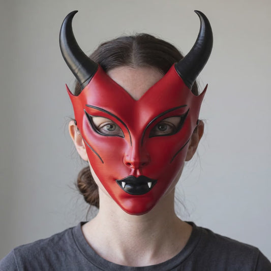 Horned Vampire Halloween Mask – Red/Black worn on a model