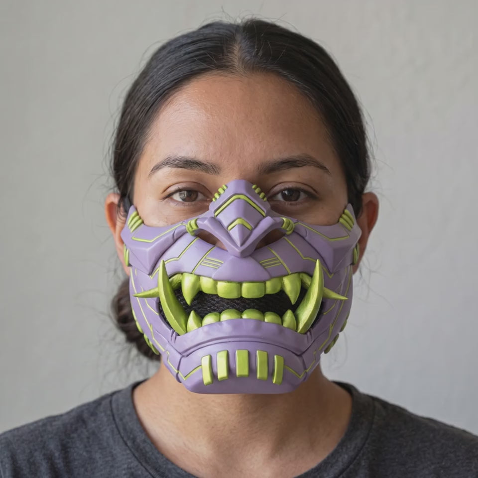 Cyber Oni Mask - Light Lilac / Yellow Green worn on a model