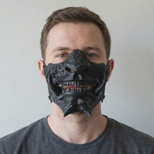 Japanese Oni Mask - Full Matte Black worn on a model