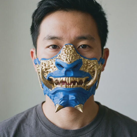 Japanese Oni Mask - Blue worn on a model