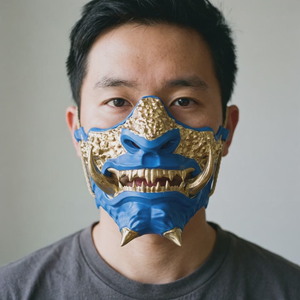 Japanese Oni Mask - Blue worn on a model