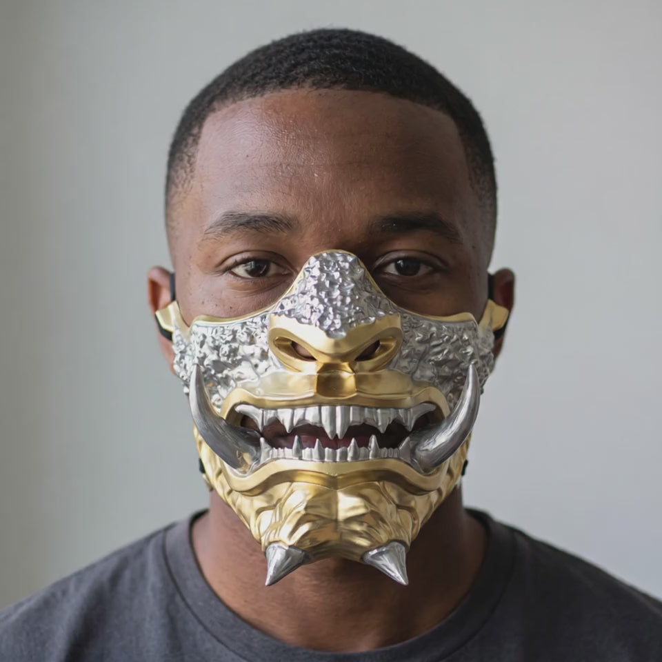 Japanese Oni Mask - Gold/Silver worn on a model