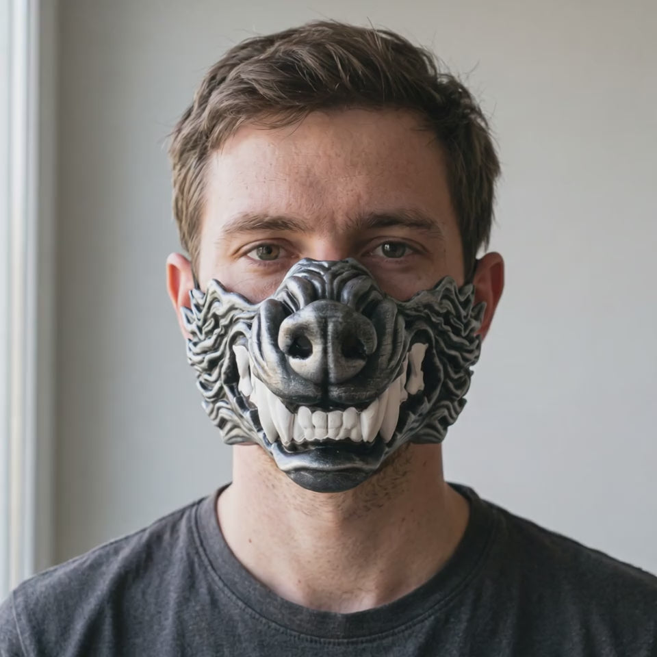 Wolf Snarling Animal Face Mask - Black/Silver worn on a model