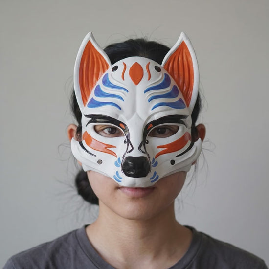 Kitsune Fox Mask - Blue/Orange worn on a model