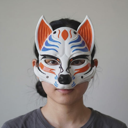 Kitsune Fox Mask - Blue/Orange worn on a model