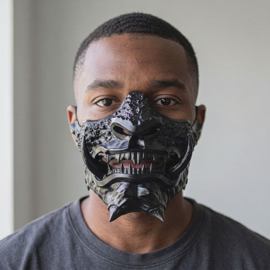 Japanese Oni Mask - Full Glossy Black worn on a model