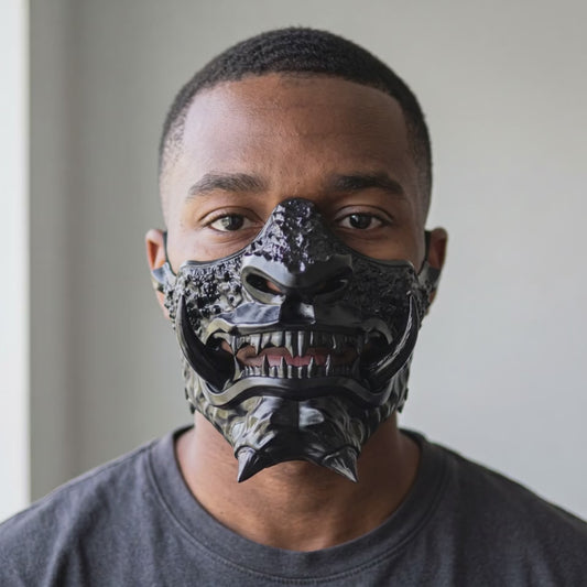 Japanese Oni Mask - Full Glossy Black worn on a model