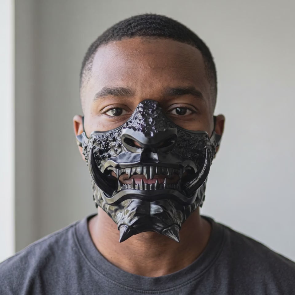 Japanese Oni Mask - Full Glossy Black worn on a model