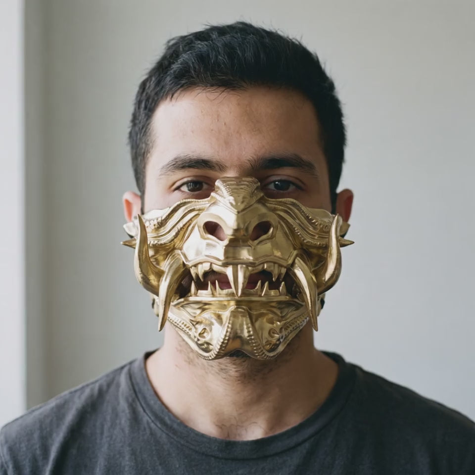 Samurai Oni Demon Mask - Full Gold worn on a model