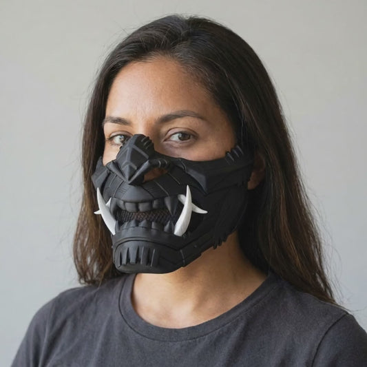 Cyber Oni Mask - Matte Black worn on a model