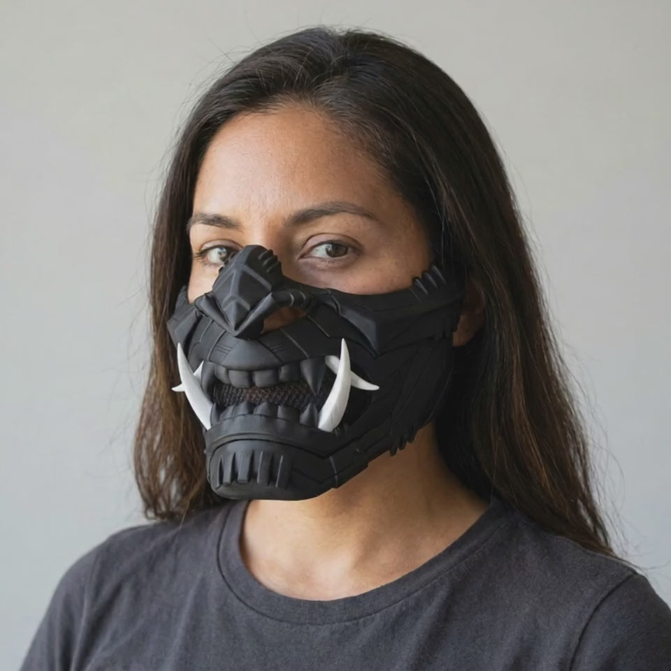 Cyber Oni Mask - Matte Black worn on a model
