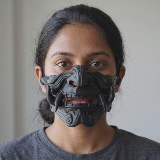 Samurai Oni Mask - Full Matte Black worn on a model