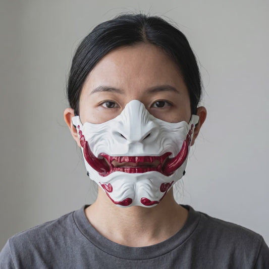 Demon Oni Mask - White/Red worn on a model