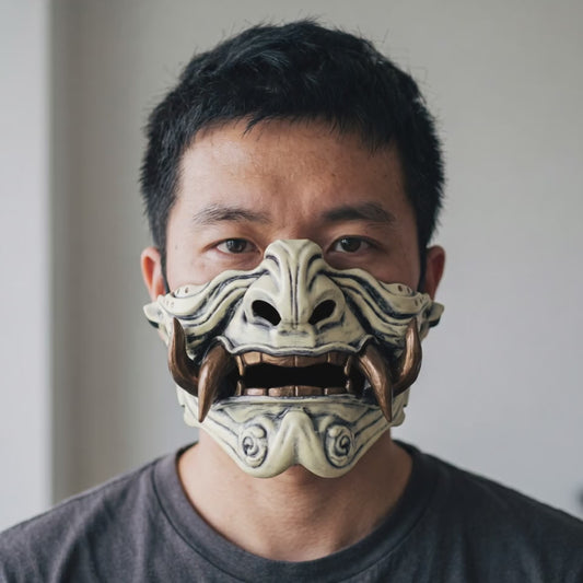 Samurai Oni Mask - Bone/Bronze worn on a model