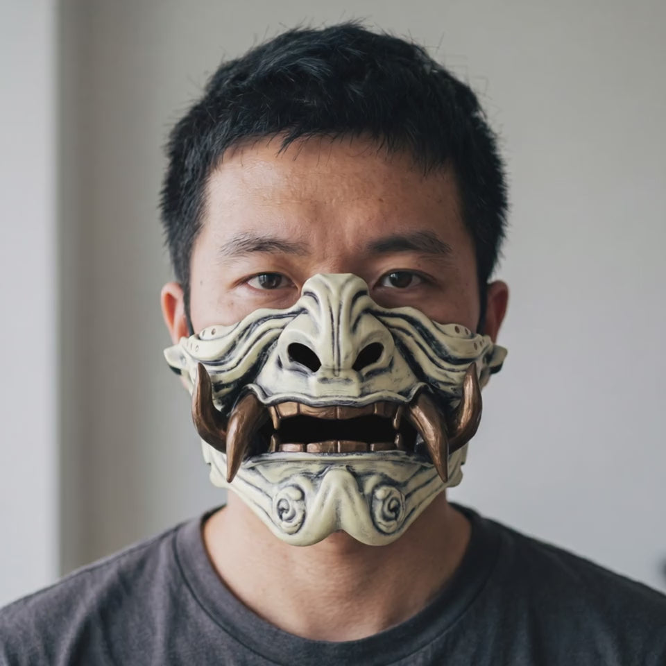 Samurai Oni Mask - Bone/Bronze worn on a model