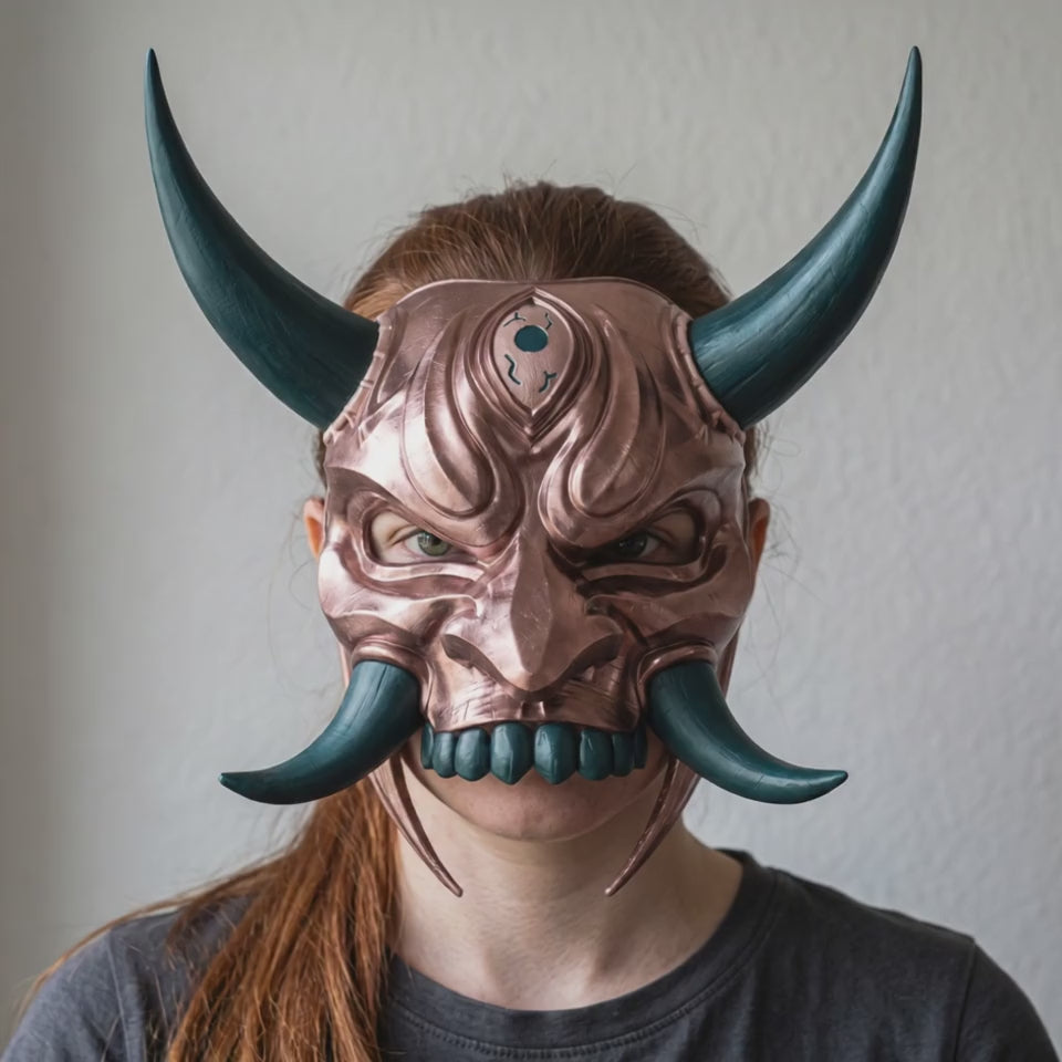 Japanese Oni Mask With Horn - Metallic Rose / Dark Teal worn on a model