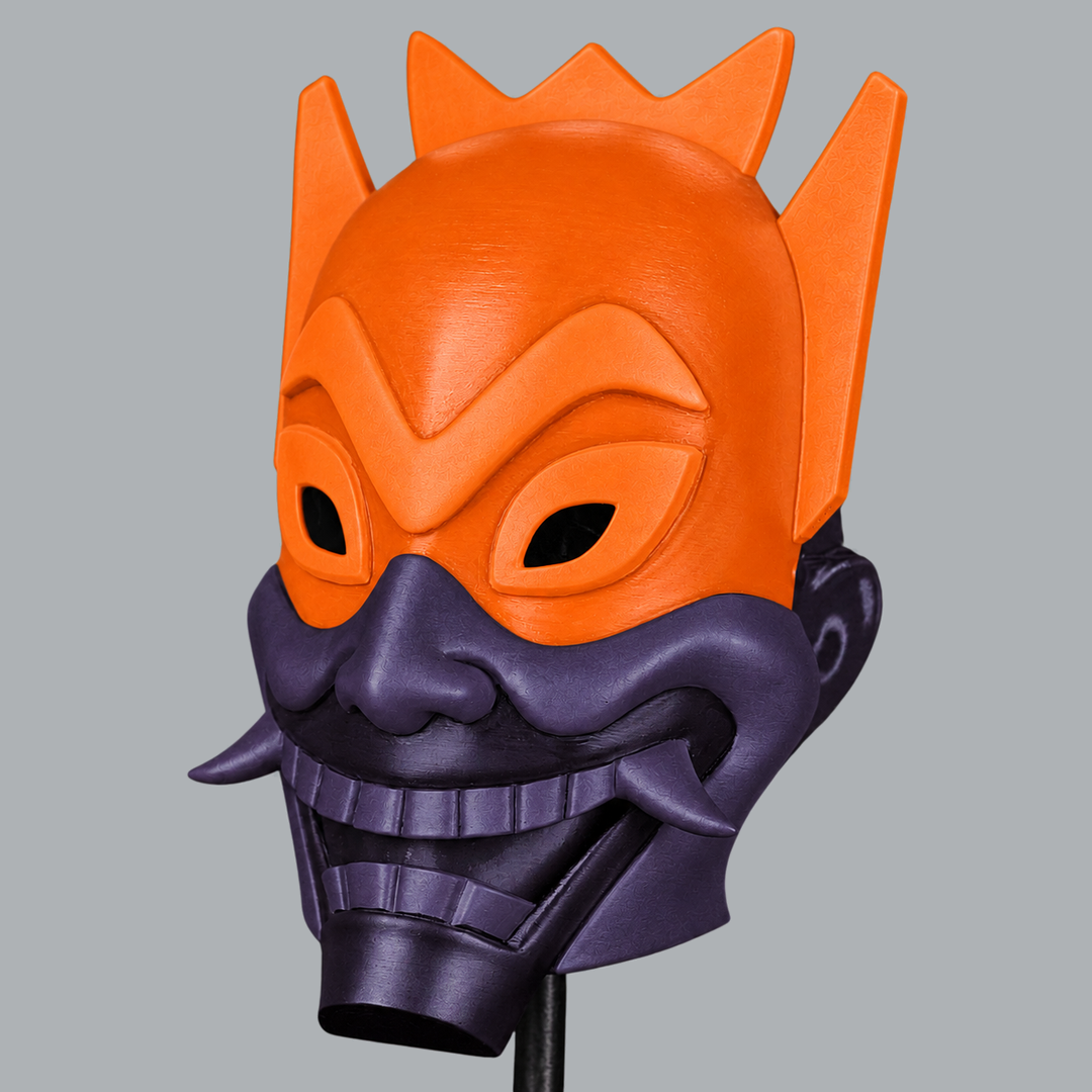 Pure Orange / Black Purple Spirit Oni Mask — three-quarter view facing left