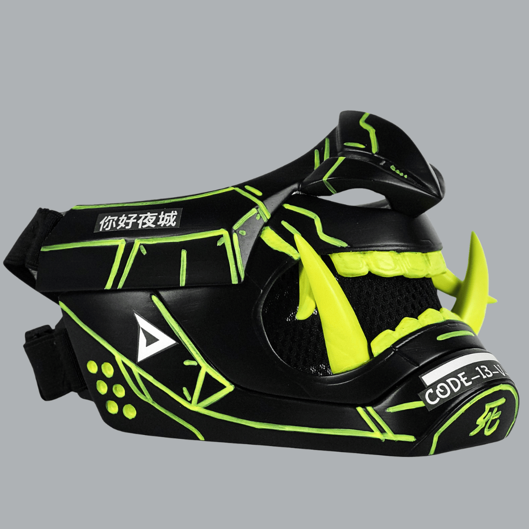 Space Armory Cyberpunk Oni Mask - Matte Black/Neon Yellow Stripes Masks