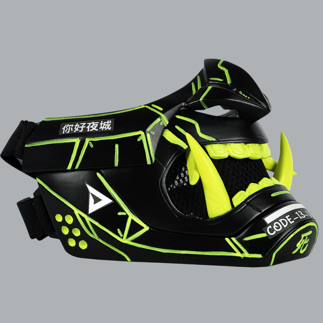 Space Armory Cyberpunk Oni Mask - Matte Black/Neon Yellow Stripes Masks