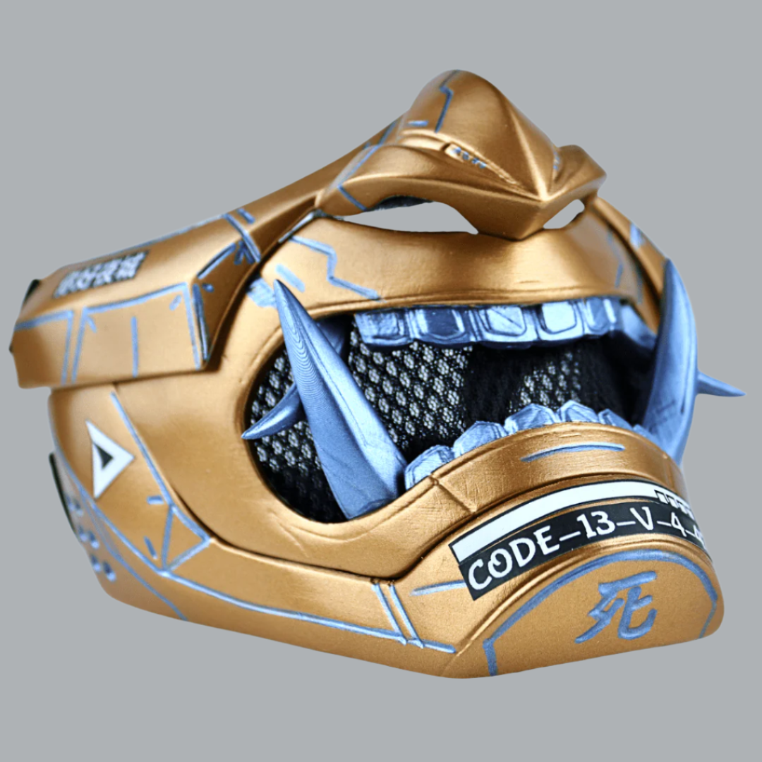 Stor Mask Cyberpunk Oni Mask - Metallic Gold/Ice Blue Stripes – Space Armory ...