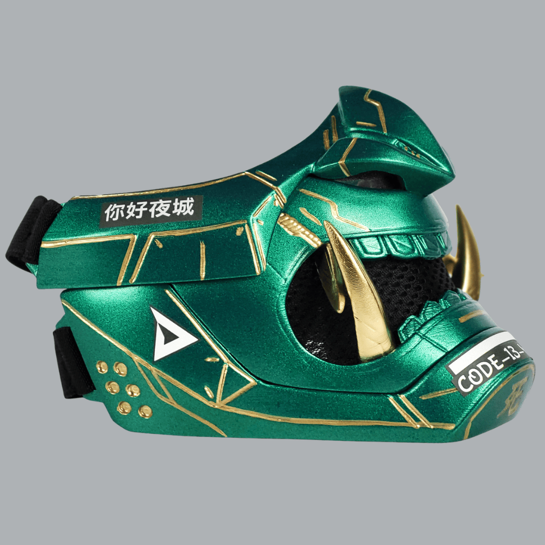 Space Armory Cyberpunk Oni Mask - Metallic Green/Gold Stripes Masks