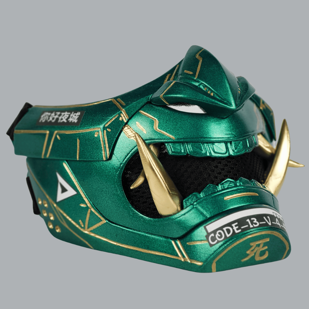 Space Armory Cyberpunk Oni Mask - Metallic Green/Gold Stripes Masks
