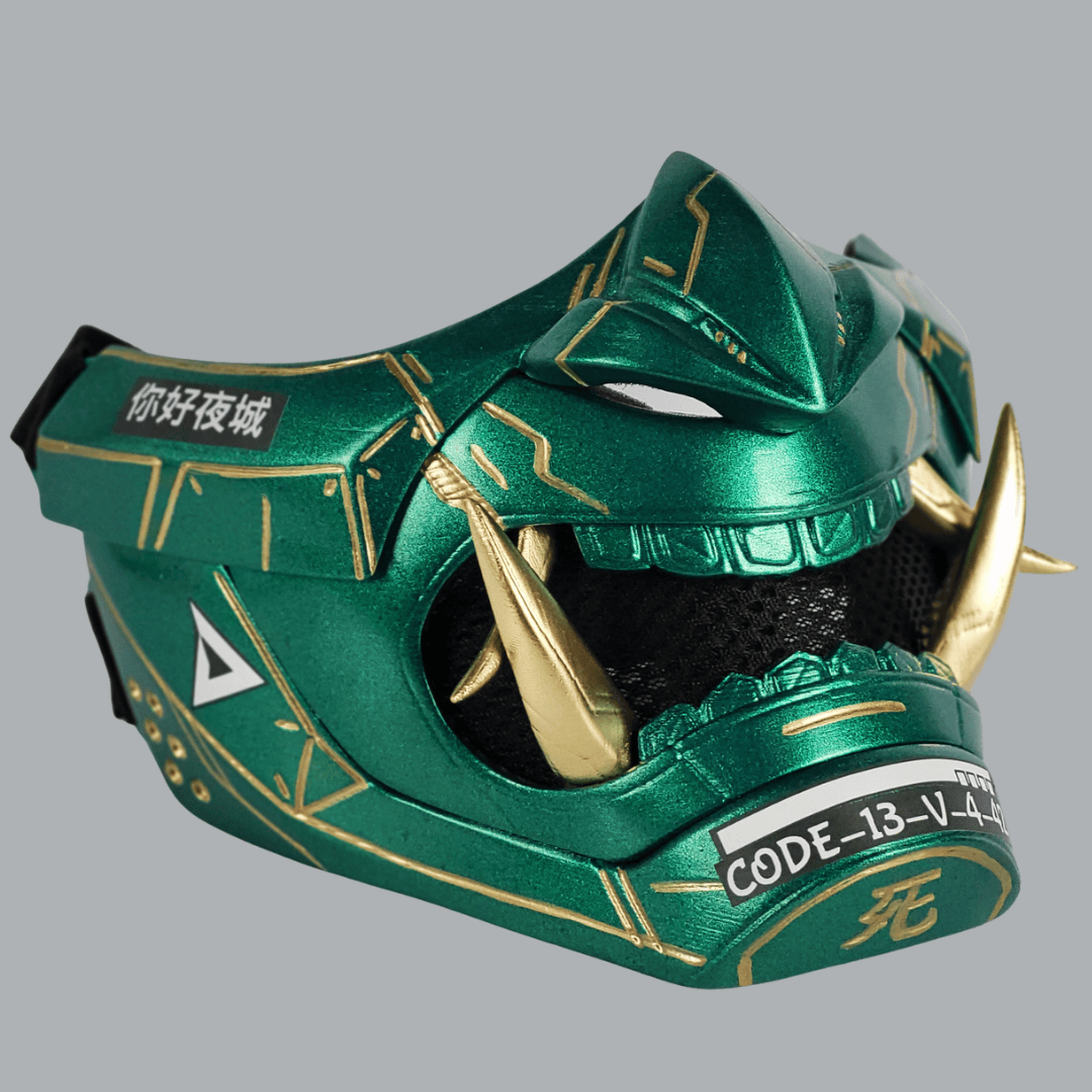 Space Armory Cyberpunk Oni Mask - Metallic Green/Gold Stripes Masks