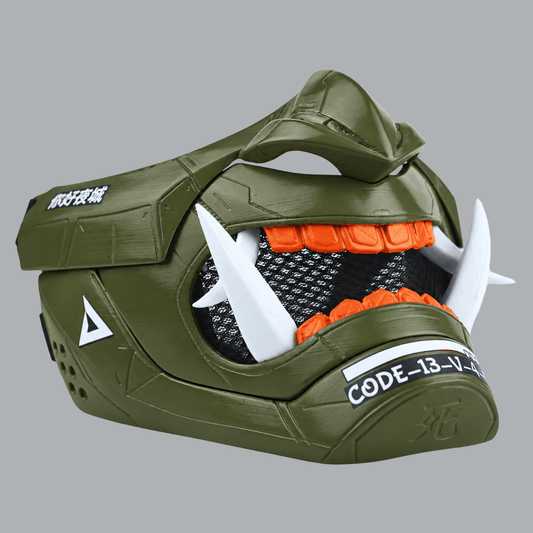 Space Armory Cyberpunk Oni Mask - Olive Green / Shock Orange Masks