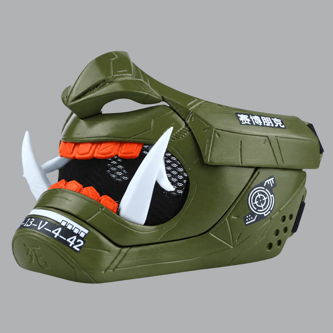 Space Armory Cyberpunk Oni Mask - Olive Green / Shock Orange Masks