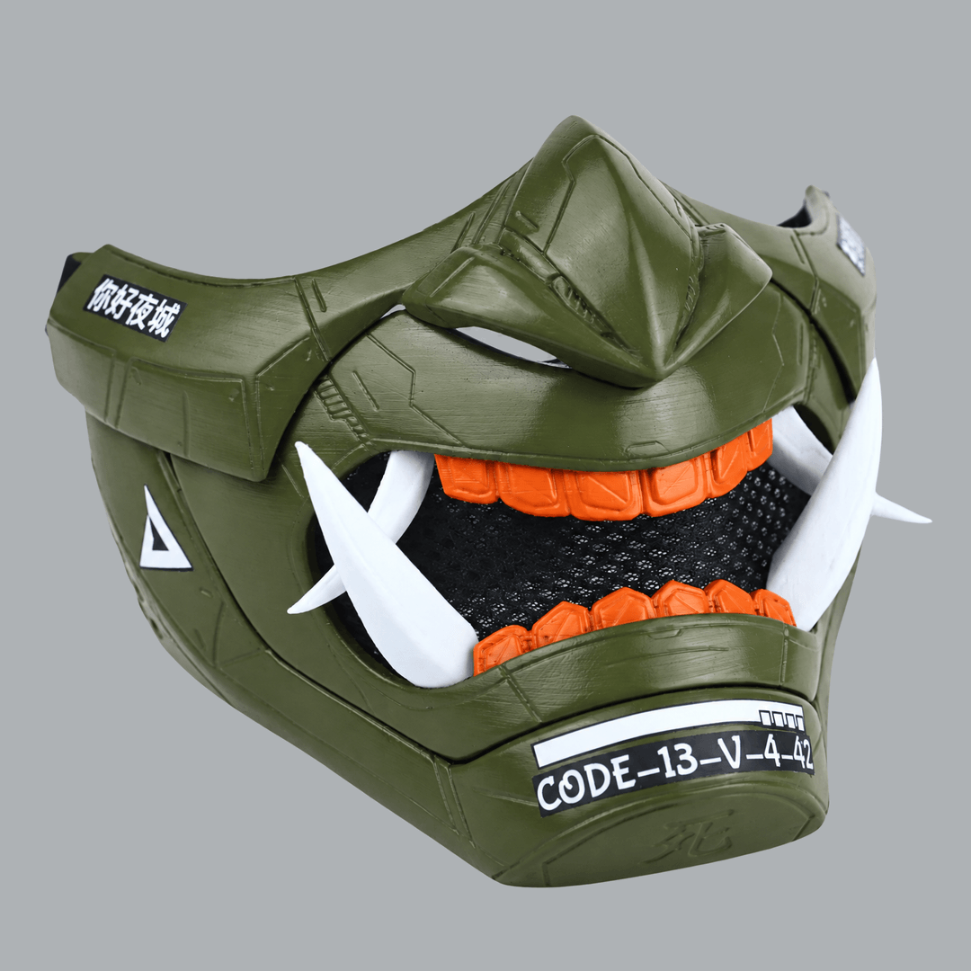 Space Armory Cyberpunk Oni Mask - Olive Green / Shock Orange Masks