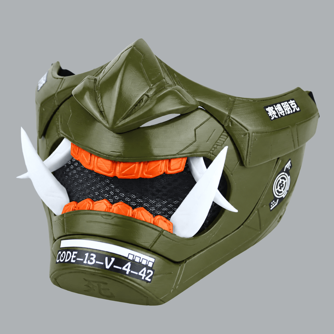 Space Armory Cyberpunk Oni Mask - Olive Green / Shock Orange Masks