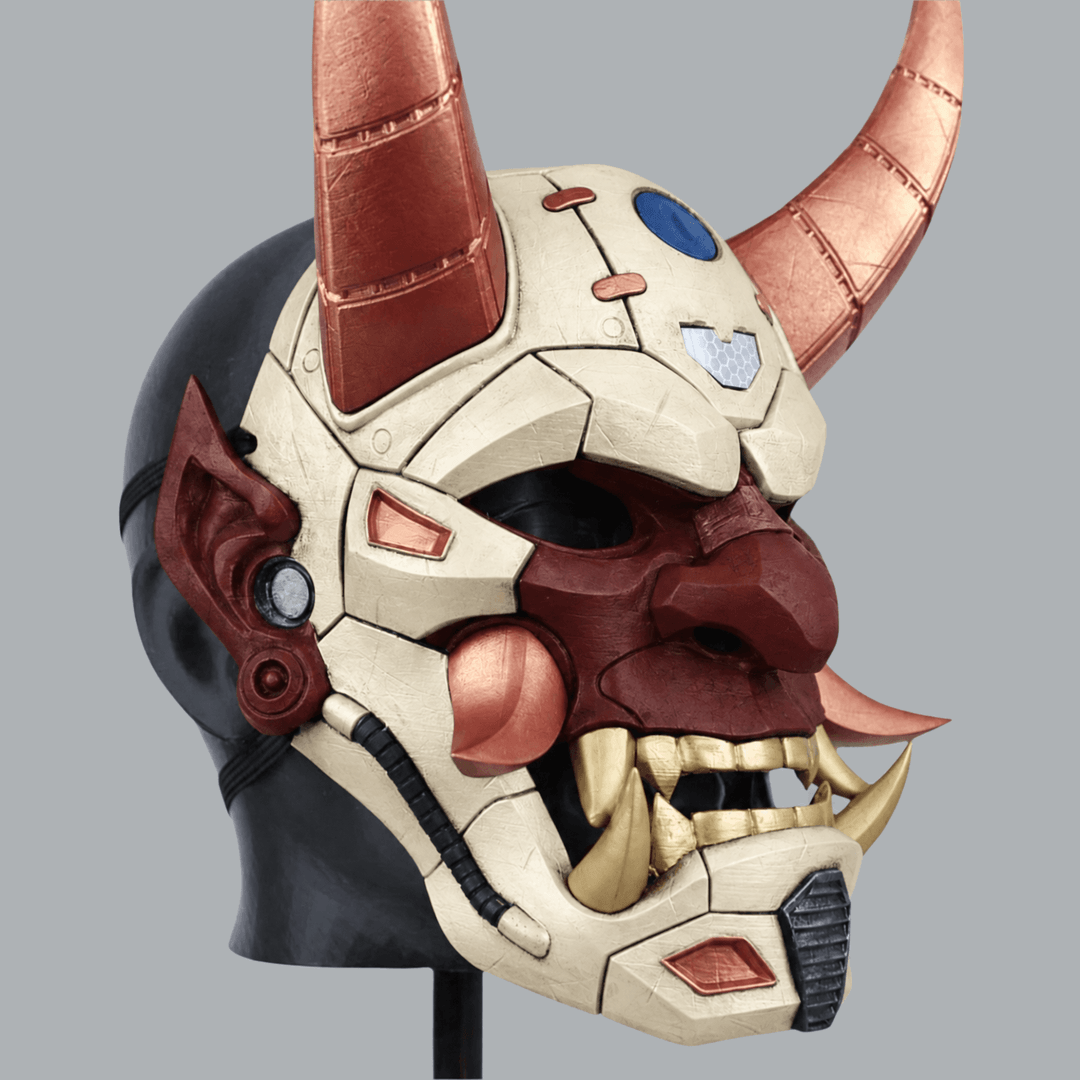 Space Armory Cyborg Full Face Oni Mask - Ivory / Maroon Masks