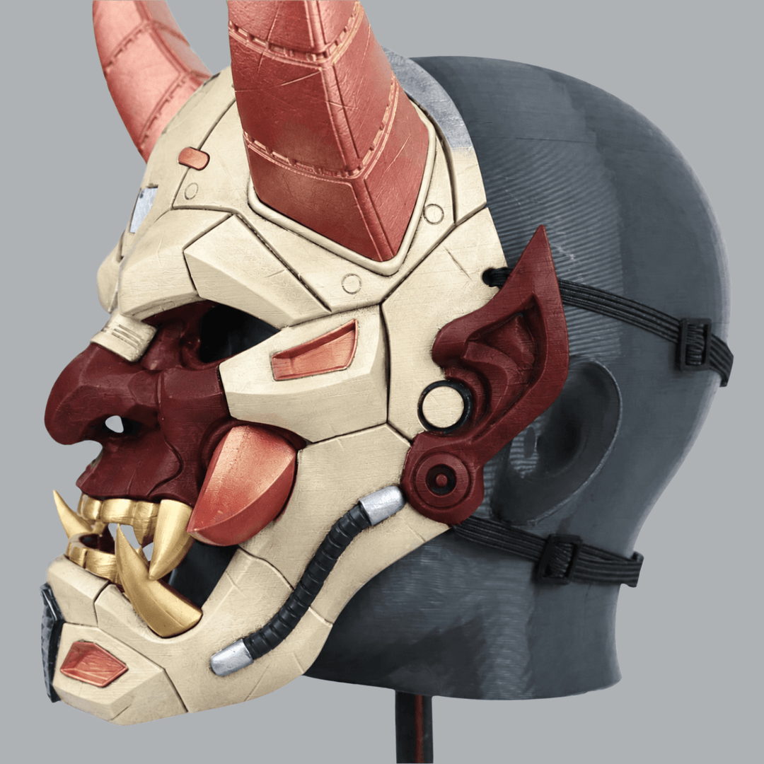 Space Armory Cyborg Full Face Oni Mask - Ivory / Maroon Masks
