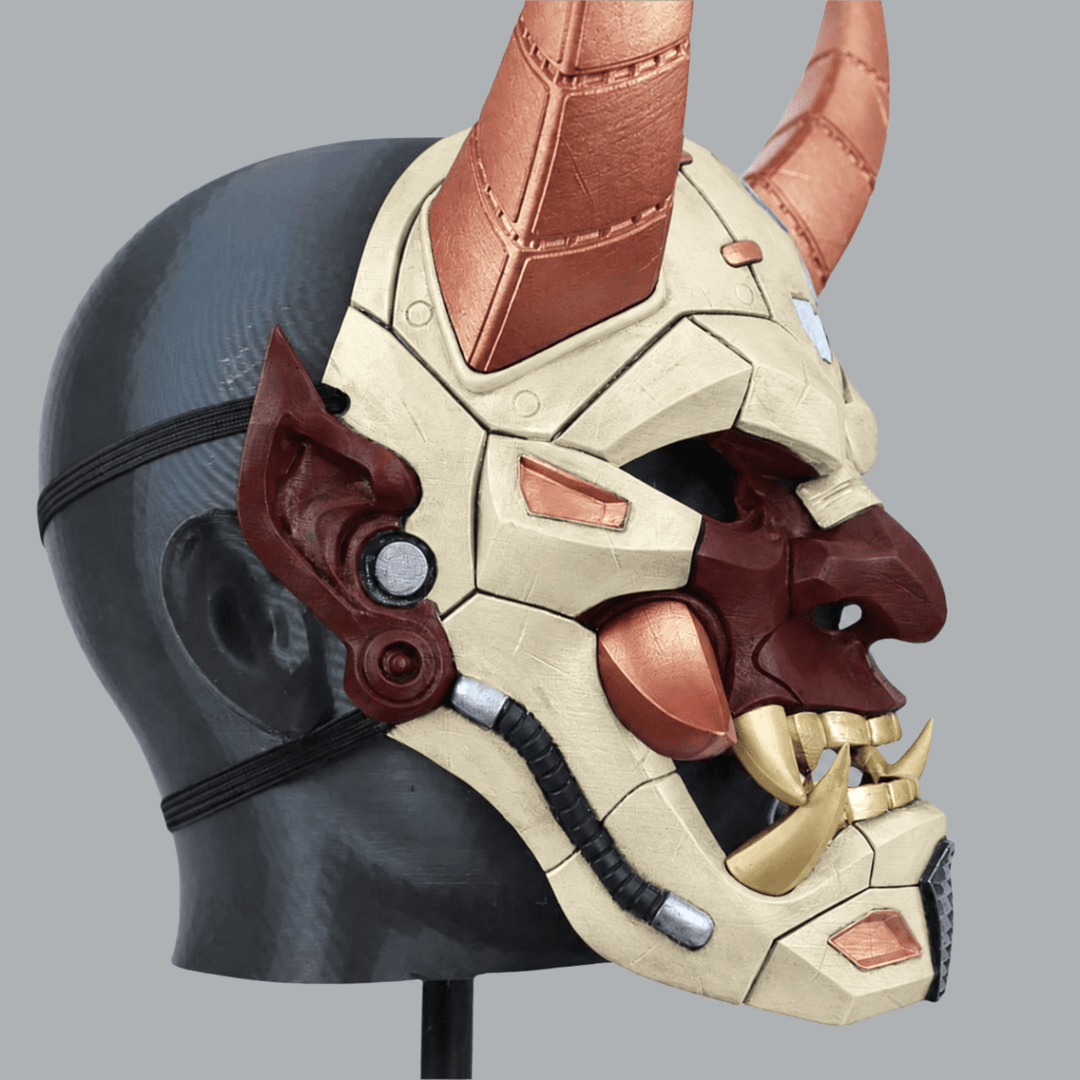 Space Armory Cyborg Full Face Oni Mask - Ivory / Maroon Masks