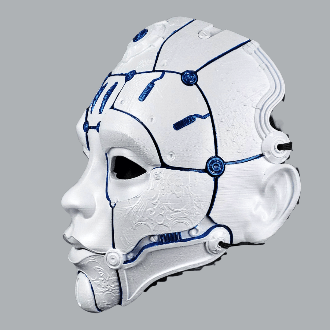 Space Armory Cyborg Humanoid Robot Mask - Matte White/Blue Stripes Masks