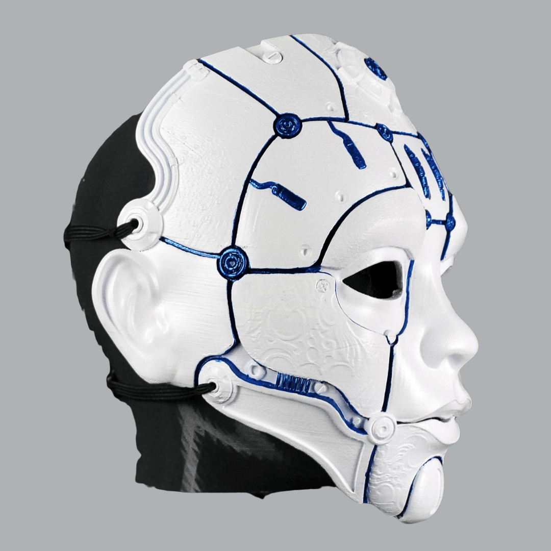 Space Armory Cyborg Humanoid Robot Mask - Matte White/Blue Stripes Masks