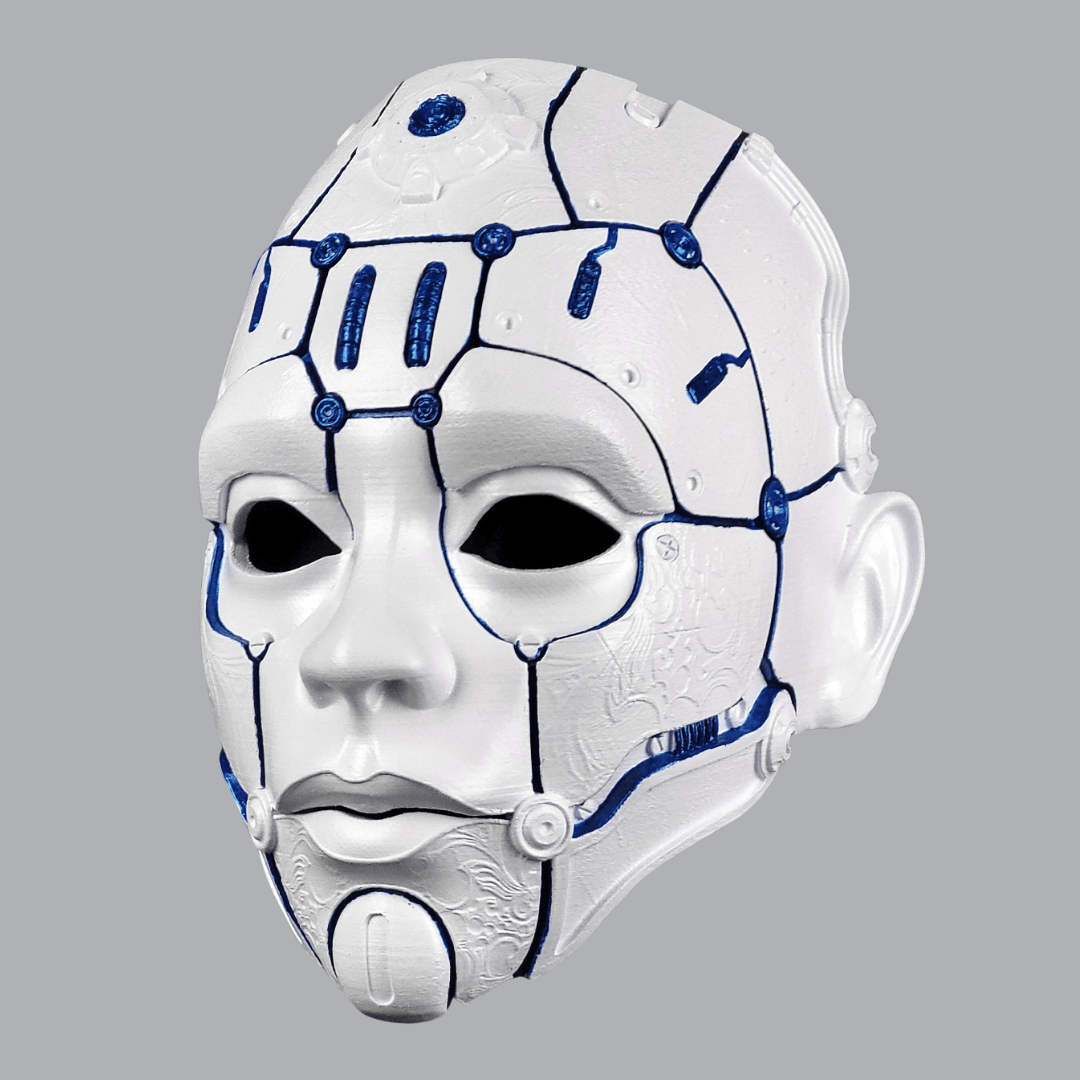 Space Armory Cyborg Humanoid Robot Mask - Matte White/Blue Stripes Masks