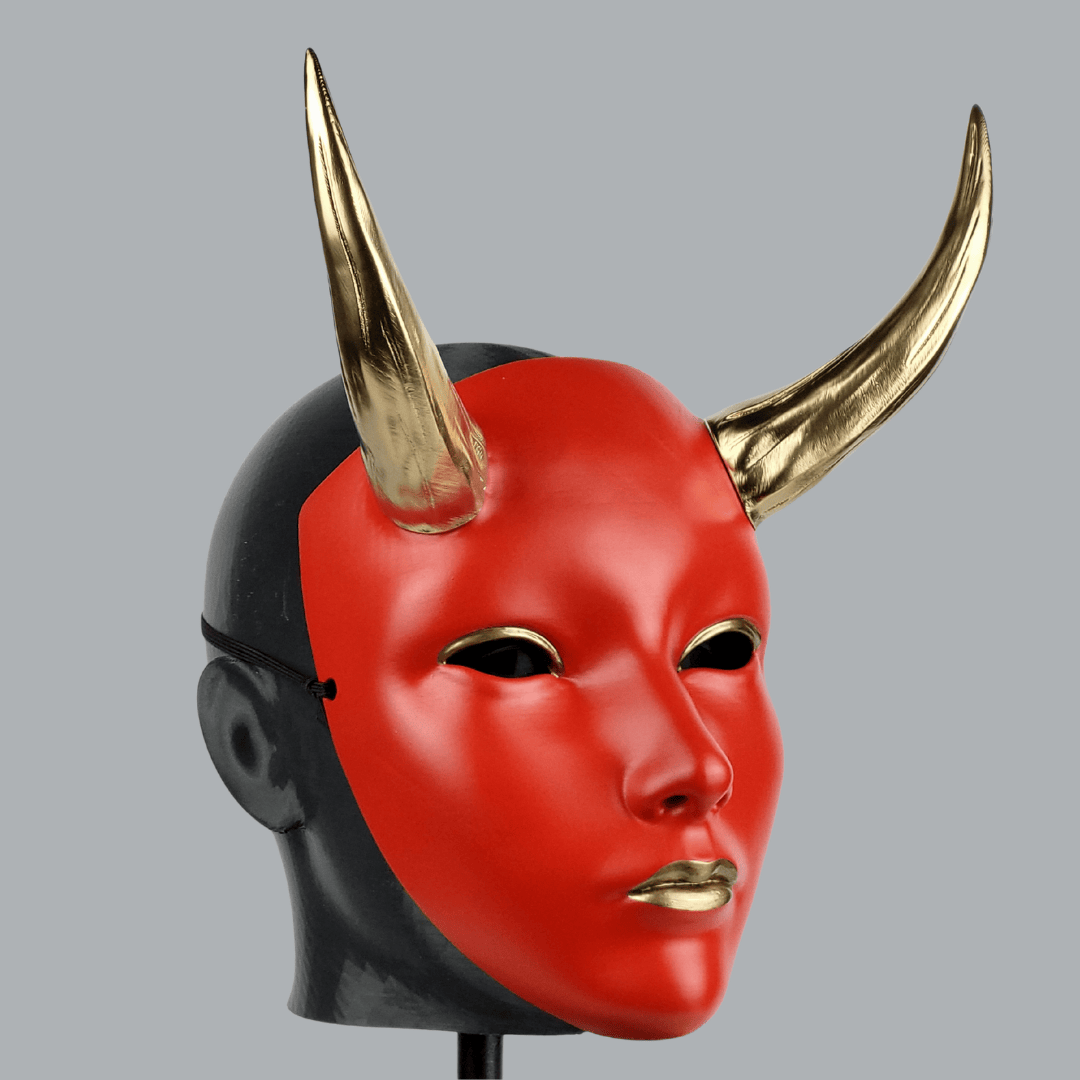 Space Armory Geisha Japanese Mask With Horn - Red/Gold Masks