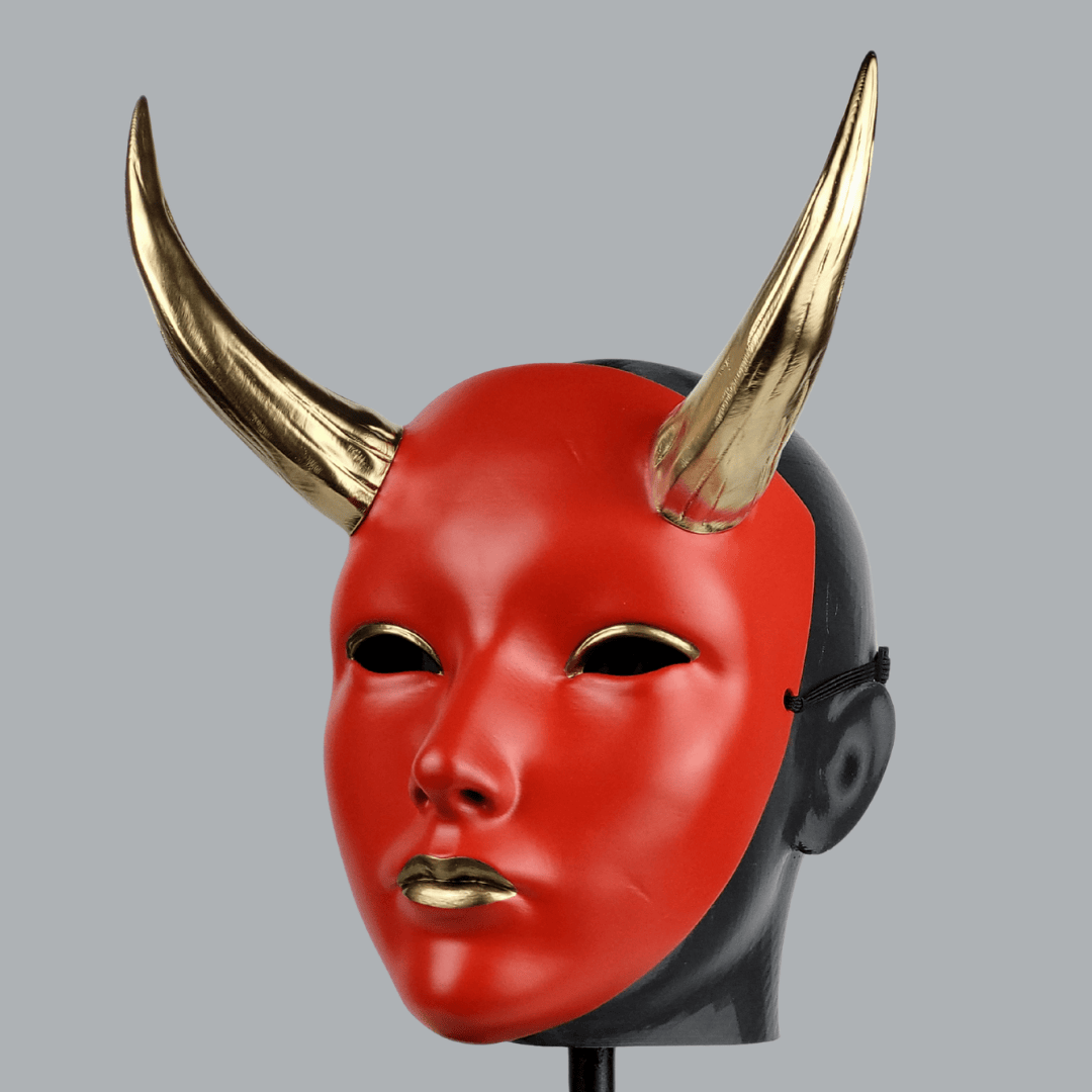 Space Armory Geisha Japanese Mask With Horn - Red/Gold Masks