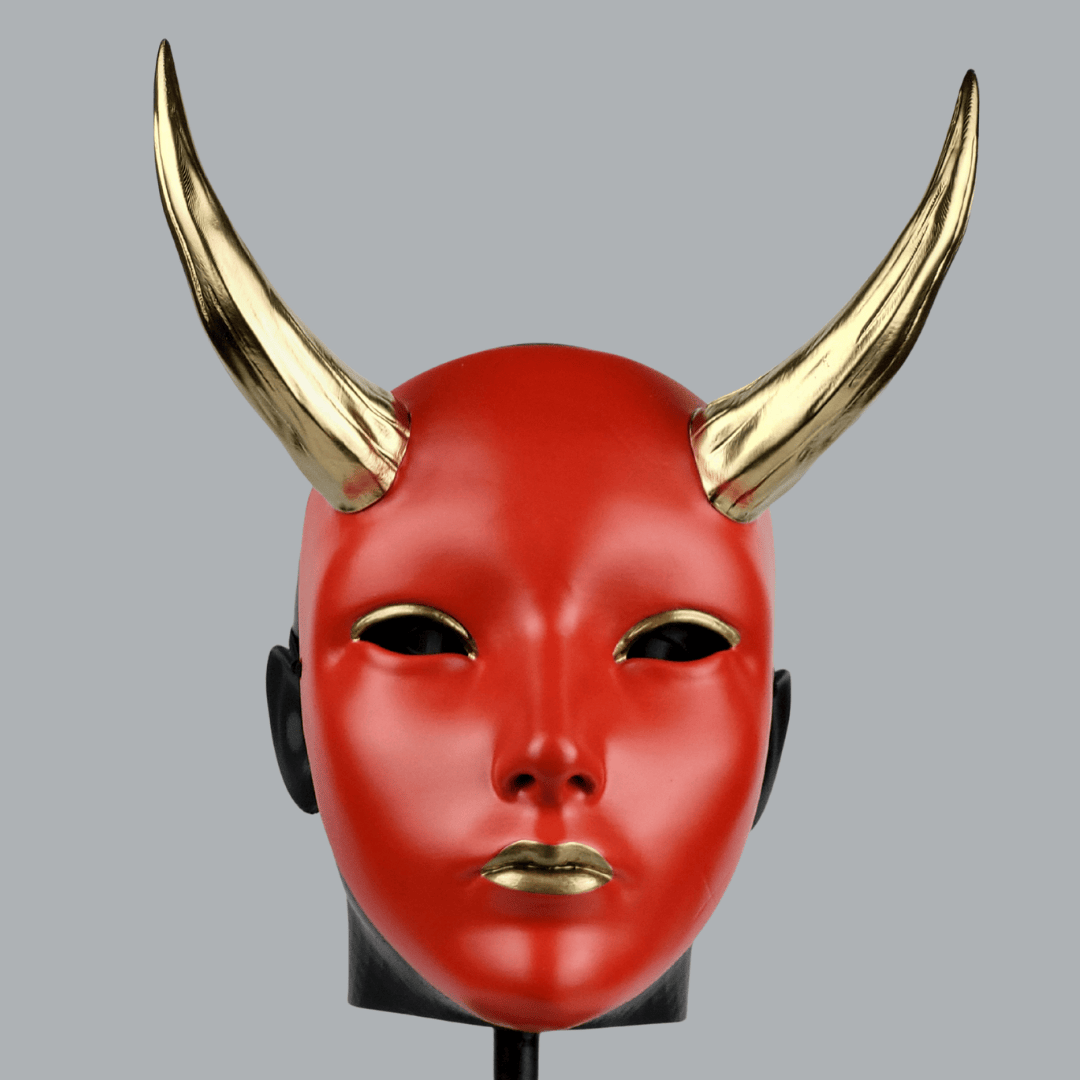 Space Armory Geisha Japanese Mask With Horn - Red/Gold Masks
